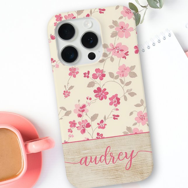 Cute Personalised Wood Floral Script Monogram Name Case-Mate iPhone Case (Creator Uploaded)
