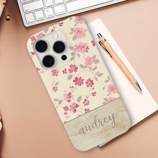 Cute Personalised Wood Floral Script Monogram Name Case-Mate iPhone Case (Creator Uploaded)