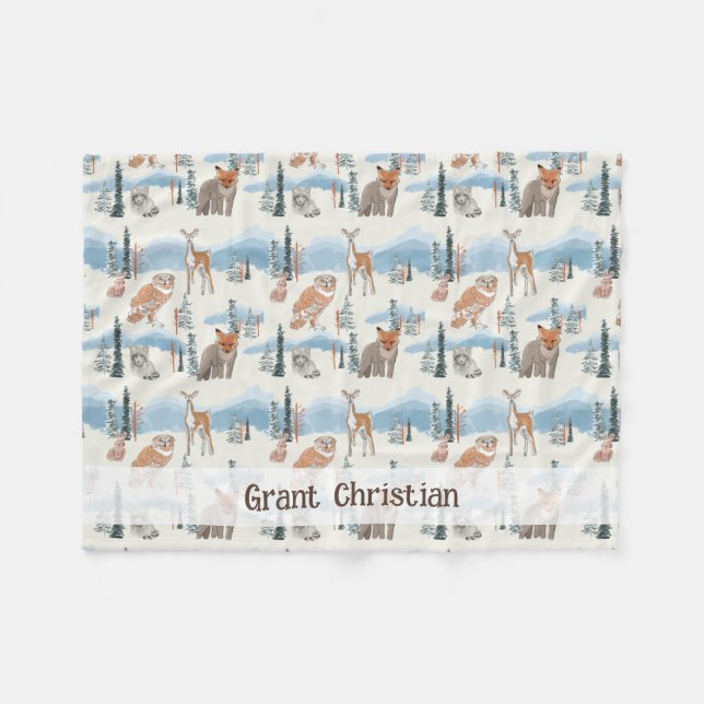 Cute Personalised woodland animals baby blanket  (Front (Horizontal))