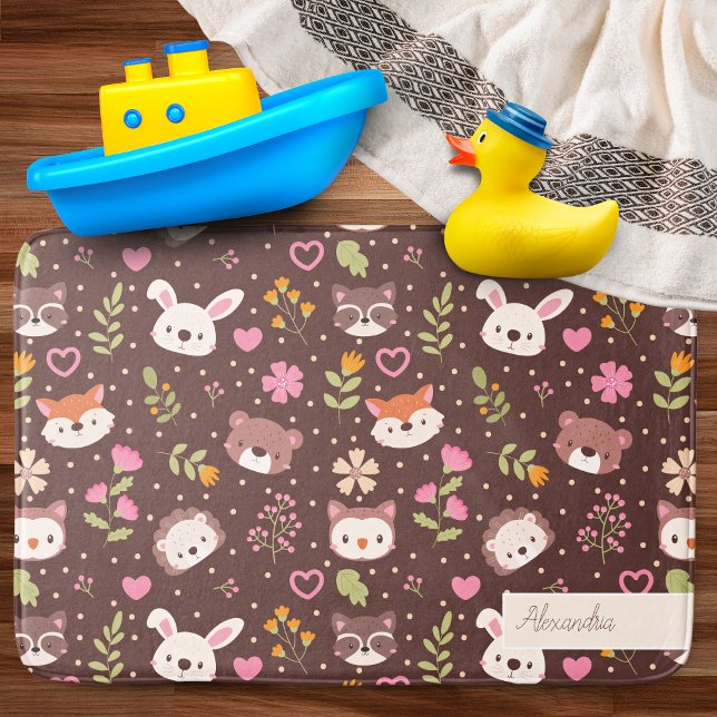 Cute Personalised Woodland Animals Pattern Bath Mat (Creator Uploaded)