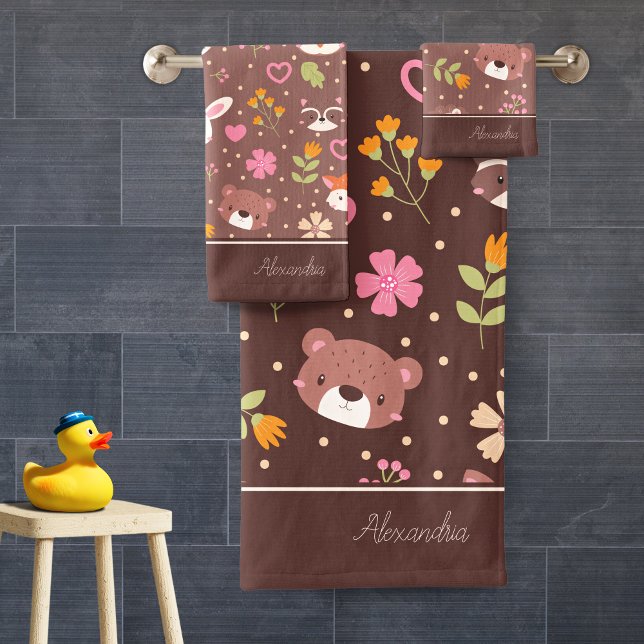 Cute Personalised Woodland Animals Pattern Bath Towel Set (Creator Uploaded)