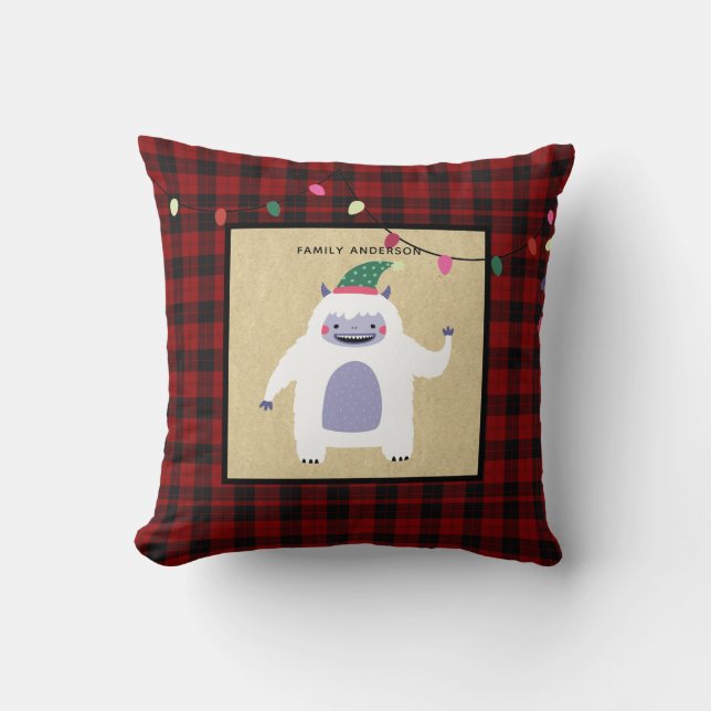Cute Personalised Xmas YETTI Monster Buffalo Plaid Cushion (Front)