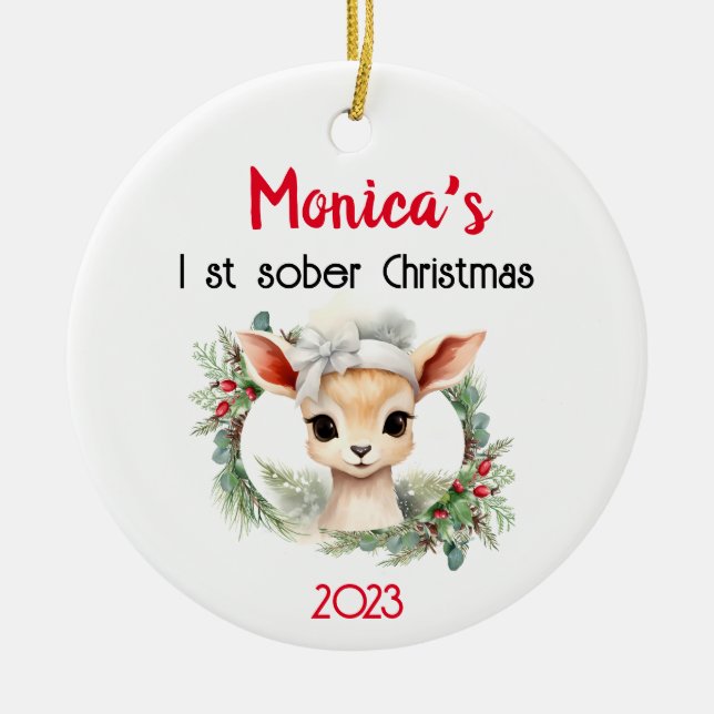 Cute Personalizable Name & Sobriety Date Christmas Ceramic Ornament (Front)