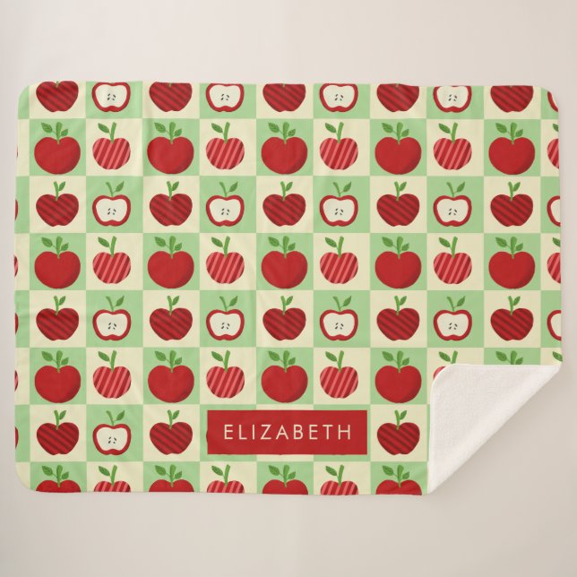 Cute Personalized Apple Pattern Check Cozy Teacher Sherpa Blanket (Front (Horizontal))