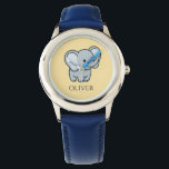 Cute Personalized Baby Elephant Kids Name  Watch<br><div class="desc">Add a touch of trunk-filled joy to your child's day with this adorable personalized elephant watch. Featuring a friendly, hand-drawn baby elephant on a soft butter-yellow background, this charming pendant can be customized with your little one's name. It makes a heartwarming gift for birthdays, milestones, or as a special "just...</div>