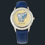 Cute Personalized Baby Elephant Kids Name  Watch<br><div class="desc">Add a touch of trunk-filled joy to your child's day with this adorable personalized elephant watch. Featuring a friendly, hand-drawn baby elephant on a soft butter-yellow background, this charming pendant can be customized with your little one's name. It makes a heartwarming gift for birthdays, milestones, or as a special "just...</div>