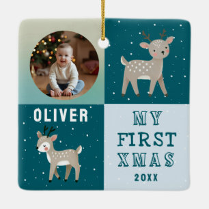 Cute Personalized Baby Photo Reindeer Christmas Ceramic Ornament