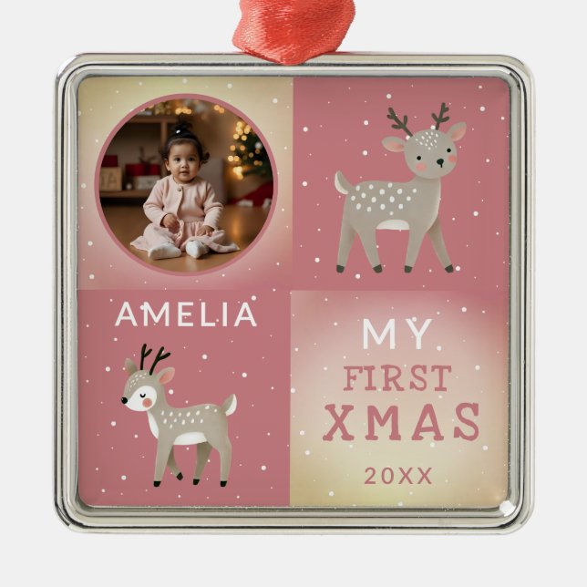 Cute Personalized Baby Photo Reindeer Christmas Metal Ornament (Front)