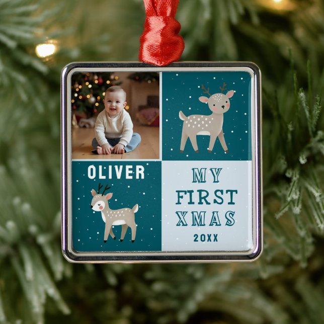 Cute Personalized Baby Photo Reindeer Christmas Metal Ornament (Tree)