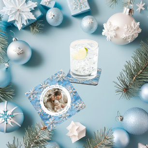 Cute Personalized Blue Snowflake Christmas  Coaster