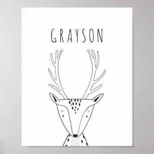 Cute Personalized Deer Black White Nursery Print