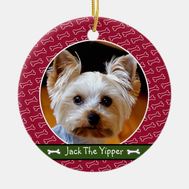 Cute Personalized Dog Bone Red Green Own Dog Photo Ceramic Ornament (Front)
