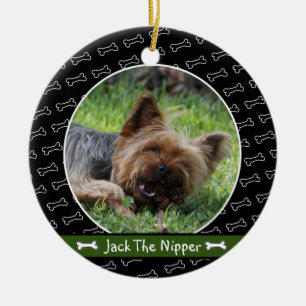 Cute Personalized Dog Bone Red Green Own Dog Photo Ceramic Ornament