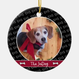 Cute Personalized Dog Photo Dog Bone Pattern Black Ceramic Ornament