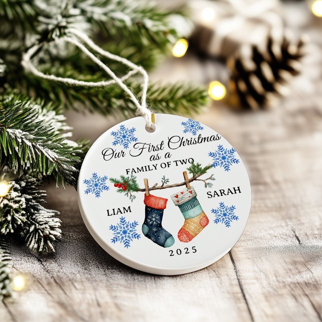 Cute Personalized Family of Two Christmas Stocking Ceramic Ornament (Creator Uploaded)