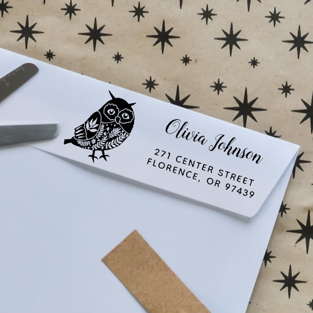 Cute Personalized Folk Art Owl Return Address Rubber Stamp (Creator Uploaded)