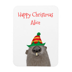 Cute personalized groundhog Christmas magnet