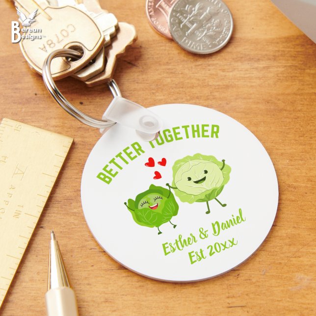 Cute Personalized Kawaii Cabbage Valentine Couples Key Ring (Fun BETTER TOGETHER cabbage Valentine keyring with cute kawaii cabbage heads. Incl personalization.)