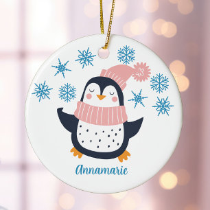 Cute Personalized Penguin Pink Scarf Christmas Ceramic Ornament