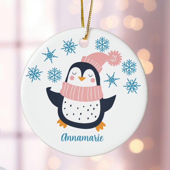 Cute Personalized Penguin Pink Scarf Christmas Ceramic Ornament (Creator Uploaded)