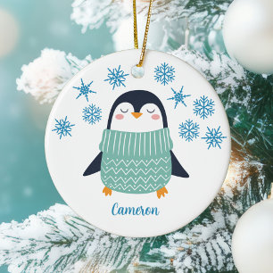Cute Personalized Penguin Snowflake Kids Christmas Ceramic Ornament