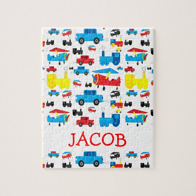 Cute Personalized Planes, Trains and Cars Pattern Jigsaw Puzzle (Vertical)