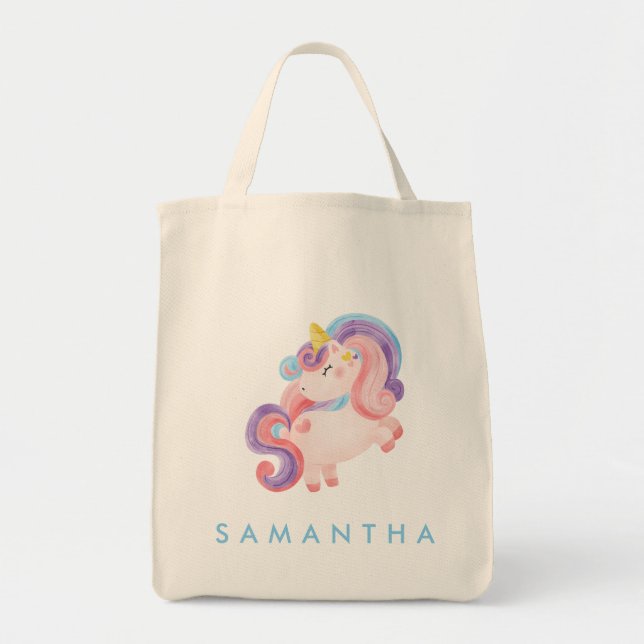 Cute personalized unicorn rainbow blue tote bag (Front)