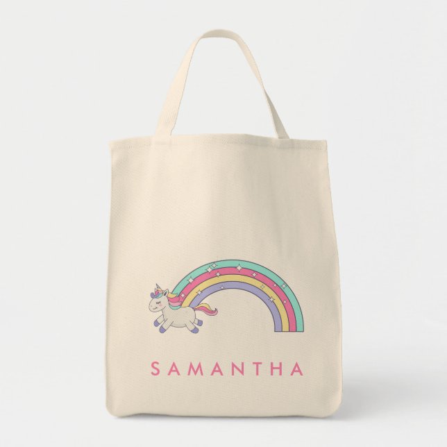 Cute personalized unicorn rainbow pink tote bag (Front)