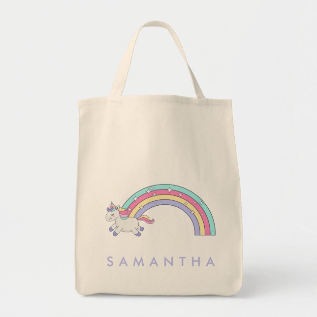 Cute personalized unicorn rainbow purple tote bag (Front)