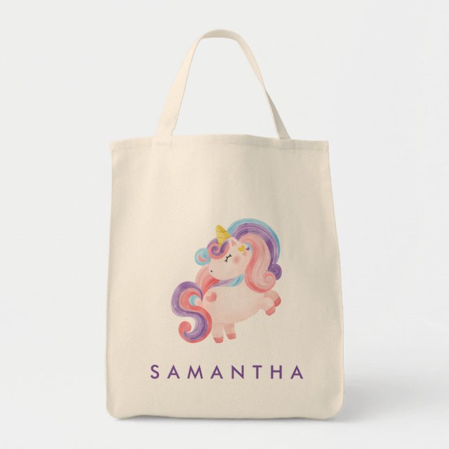 Cute personalized unicorn rainbow purple tote bag (Front)