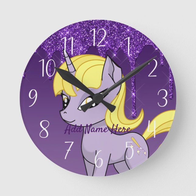 Cute Personalized Unicorn Round Clock (Front)