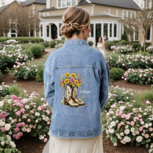 Cute Personalized Western Floral Cowboy Boots Denim Jacket