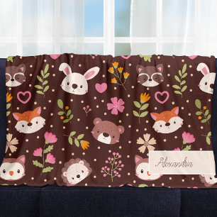 Cute Personalized Woodland Animals Pattern Kids Fleece Blanket