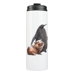 Cute Pesto The Penguin And Moo Deng Baby Hippo Tan Thermal Tumbler