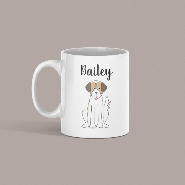 Cute Pet Brown Fluffy Dog Whimsical Custom Coffee Mug (Cute cartoon puppy mug with personalized name, perfect gift for dog lovers and pet owners.)