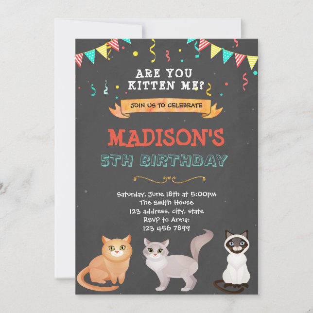 Cute pet cat kitty birthday invitation (Front)