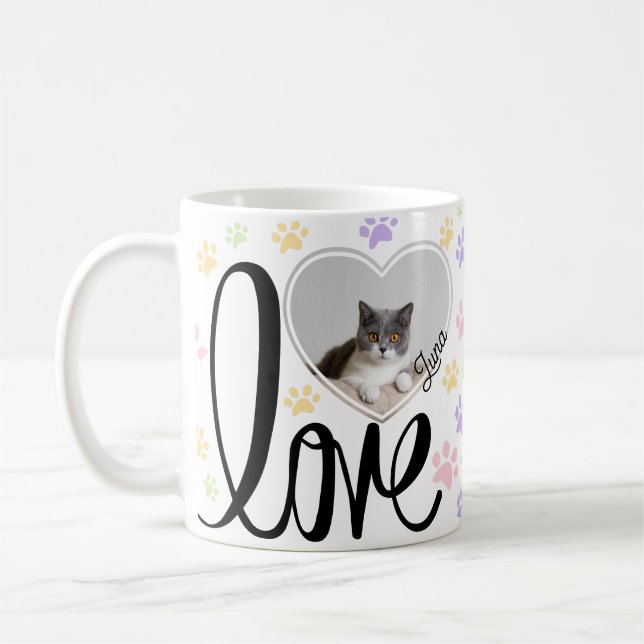 Cute Pet Cat Photo Heart & Paws Pattern  Coffee Mug (Left)