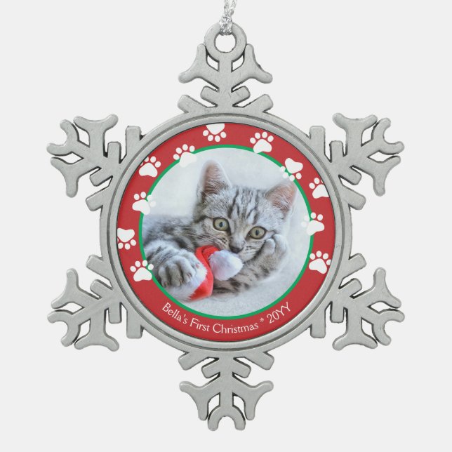 Cute Pet Cat Red Pawprints First Christmas Snowflake Pewter Christmas Ornament (Front)
