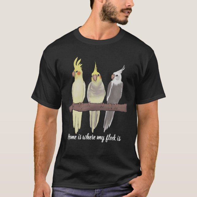 Cute Pet Cockatiels Flock on Perch Bird Lover  T-Shirt (Front)