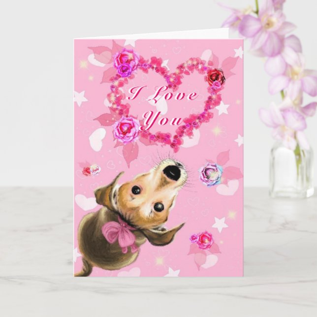 Cute Pet Dog Heart Flowers Valentine's Day Card (Orchid)