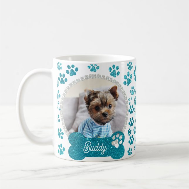 Cute Pet Dog Photo Frame glitter & Paws Pattern Coffee Mug (Left)