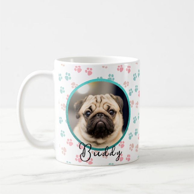 Cute Pet Dog Photo in Teal glitter Circle Frame Coffee Mug (Left)