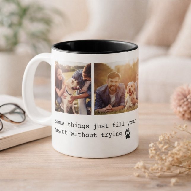 Cute Pet Dog Quote Custom 3 Photo Collage Two-Tone Coffee Mug (Creator Uploaded)
