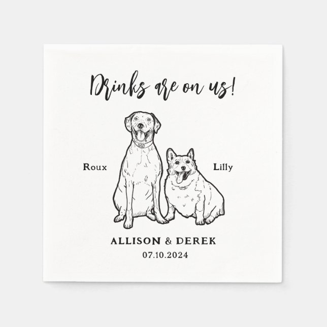Cute Pet Drawing Personalised 2 Dogs Wedding Napkin (Front)