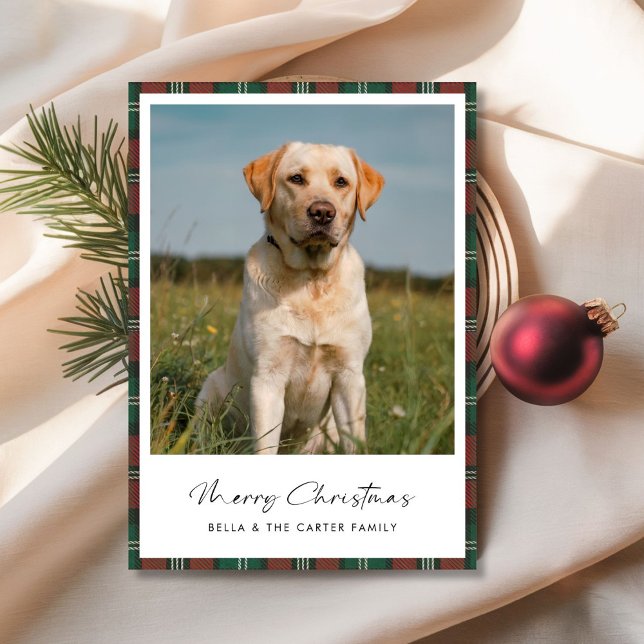Cute Pet Funny Dog Photo Plaid Christmas Card (Creator Uploaded)