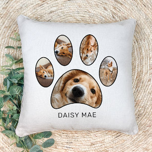 Cute Pet Lovers Paw Print Name Photo Collage Cushion