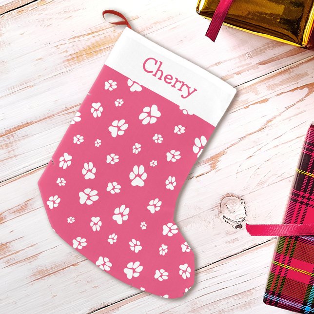 Cute Pet Paw prints Pattern Pink Monogram Name Small Christmas Stocking (Creator Uploaded)