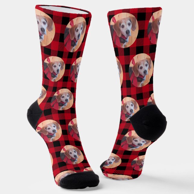 Cute Pet Photo Black Red Buffalo Plaid Christmas  Socks (Angled)