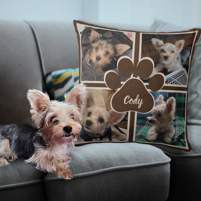 Cute Pet Photo Collage Dog Name Paw Throw Pillow (Custom Dog Paw Pet Photo Collage Personalized Pet Name Pillow)