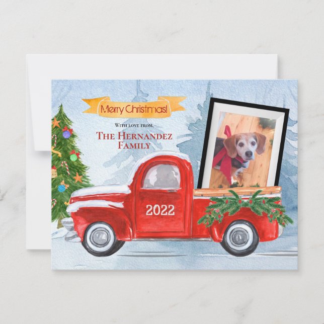 Cute Pet Photo & Family Photo Red Truck Christmas  Holiday Card (Front)